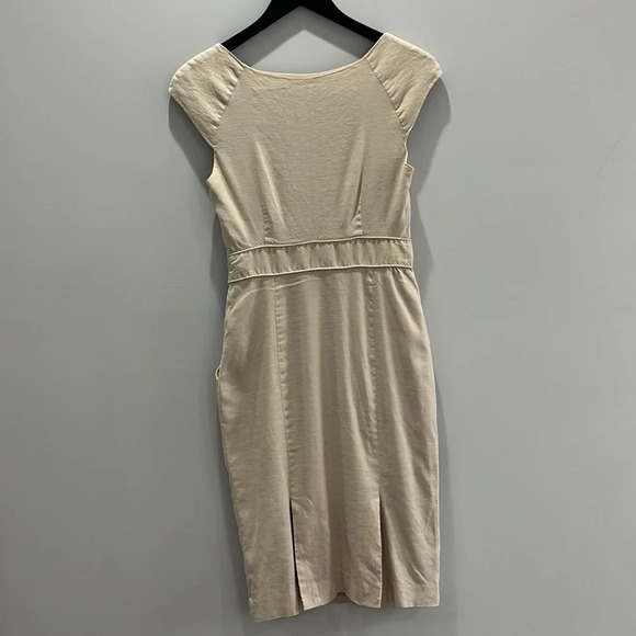 Theory Cap Sleeve Tan Linen Pencil Midi Dress, with pockets side zipper Size 2 - Picture 6 of 10
